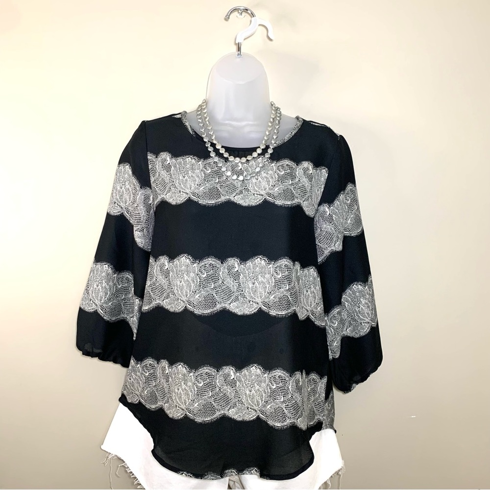 Cato Peasant Tunic Blouse Black with Lace Print 3/4 Length Sleeves Size S